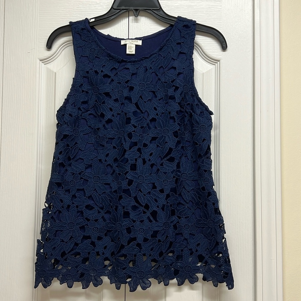 Saint Tropez Navy Blue Floral Embroidered Top Size XS